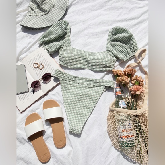 Abercrombie & Fitch Swim Abercrombie Gingham Puff Sleeve Bikini Top